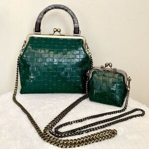 Vintage style Handmade Genuine Embossed Leather Top Handle Bag & Small Purse Set